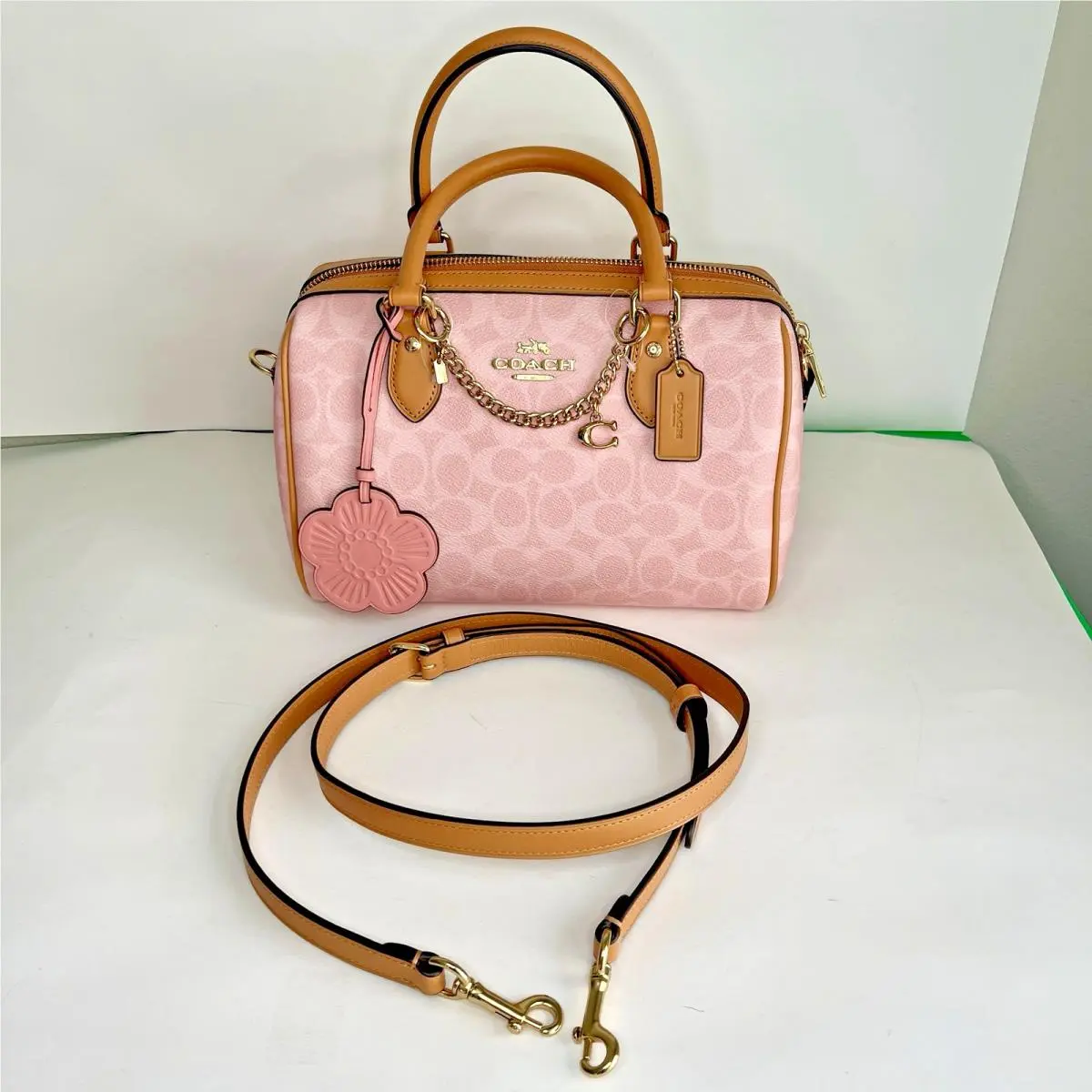 Medium Rowan Satchel CEA18 Signature Canvas w/ Charms Powder Pink/gold by Coach