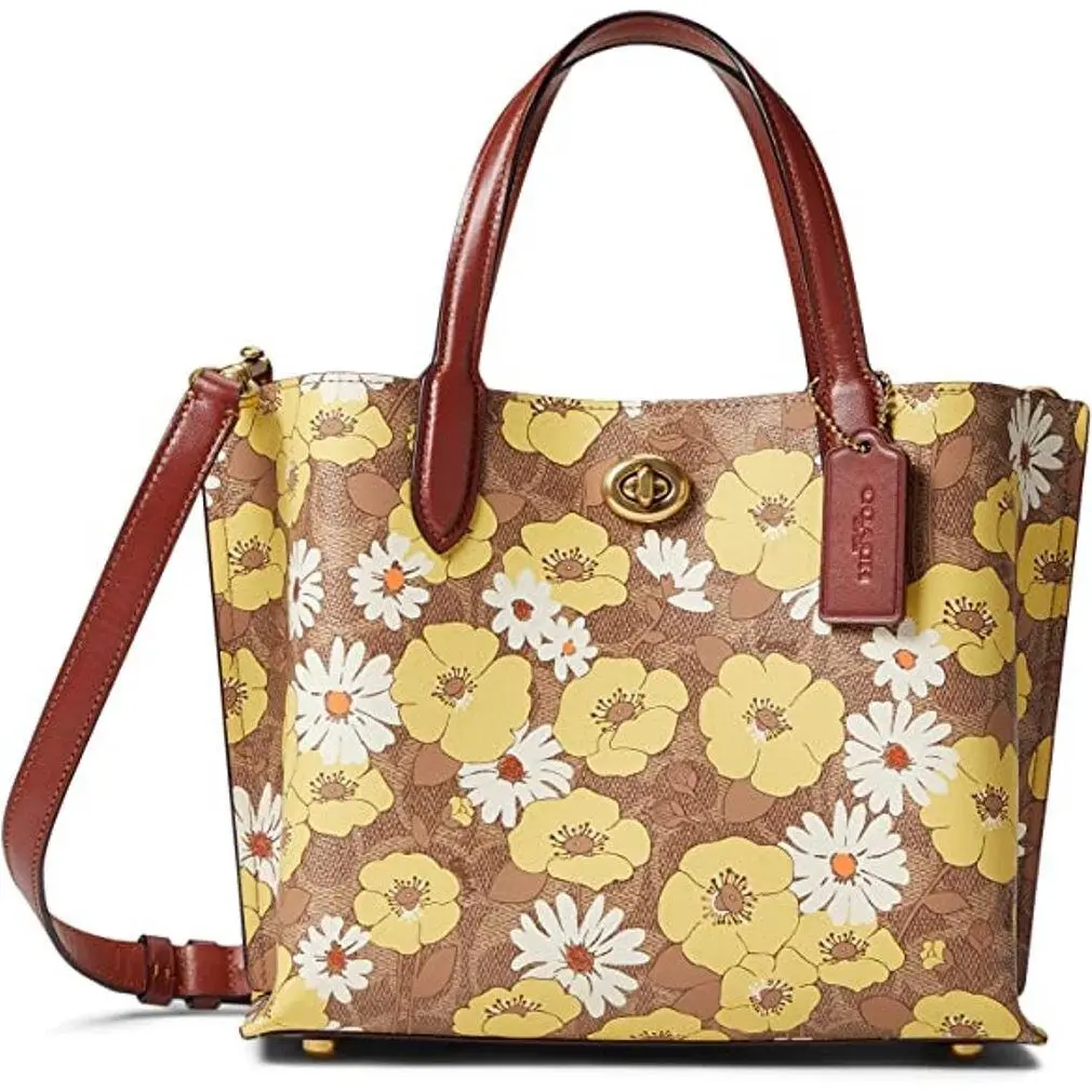 Signature Logo White Yellow Floral Satchel Tote Crossbody Bag Handbag by Coach