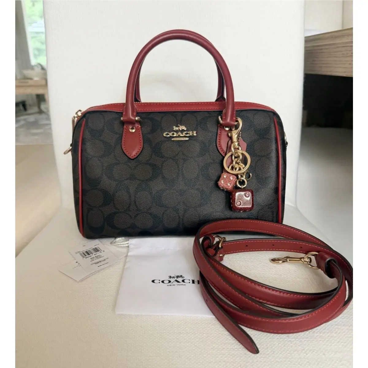 Rowan Satchel Signature Canvas Oxblood Red + Dice Bag Charm Bundle by Coach