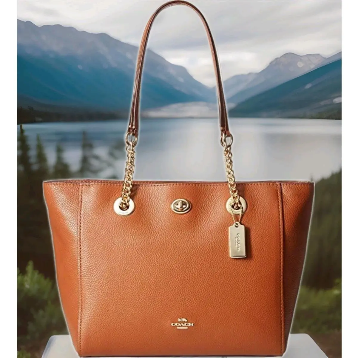 Coach NY 57107 Turnlock Gold Chain Saddle Brown Leather Shoulder Tote Bag