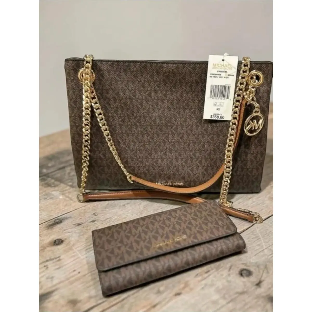 Michael Kors Christina Medium Signature Logo Messenger Bag+trifold Wallet Brown by Coach