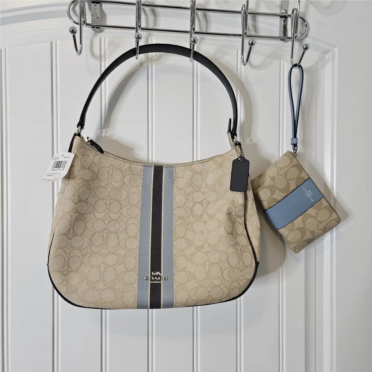 Signature Jacquard Stripe Zip Hobo F39042 Silver/khaki Multi Wrislet Inc by Coach