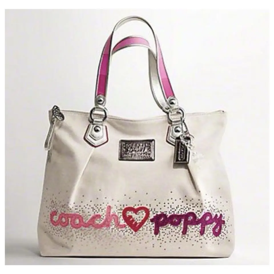 Poppy Tote Handbag Shoulder Purse Tan Pink Embellishments by Coach