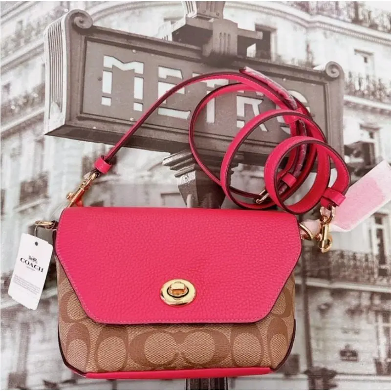 C2816 Karlee Crossbody Bag in Signature Leather Khaki Fuchsia by Coach