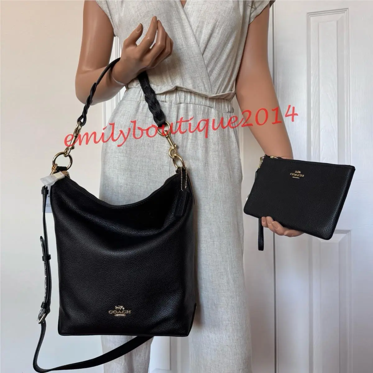 F31507 Abbey Duffle Leather Black Shoulder Bag Wristlet Wallet Set by Coach