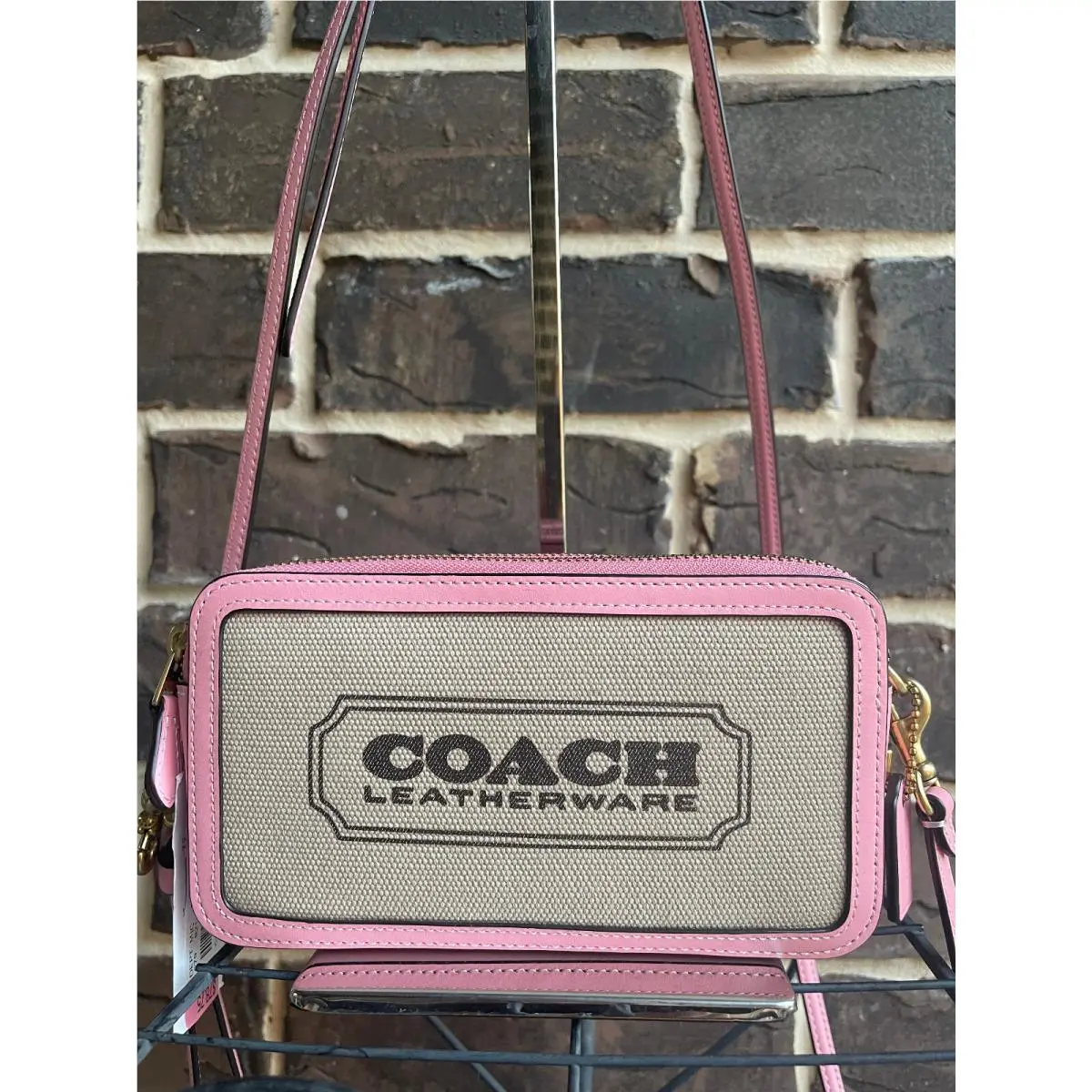Kira Canvas Leather Wristlet Crossbody Natural Canvas Flower Pink by Coach