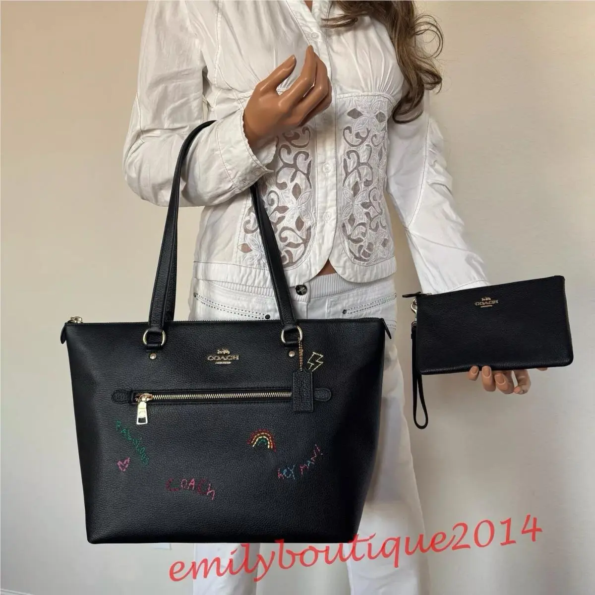 C8365 Gallery Zip Tote Bag Black Pebble Leather Wristlet Wallet Set by Coach