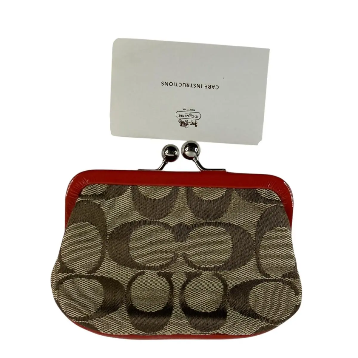 Kisslock Park Signature French Coin Purse Khaki-red Leather Rare by Coach