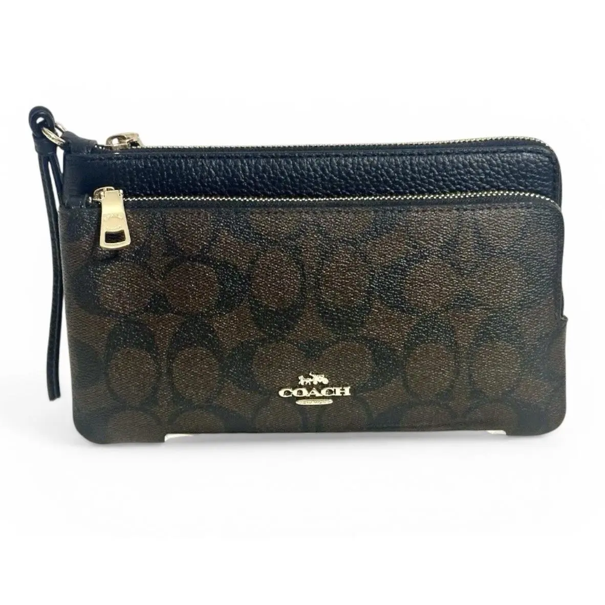 CU920 Double Zip Wristlet Brown Black Signature Pvc Wallet Gold Tone by Coach