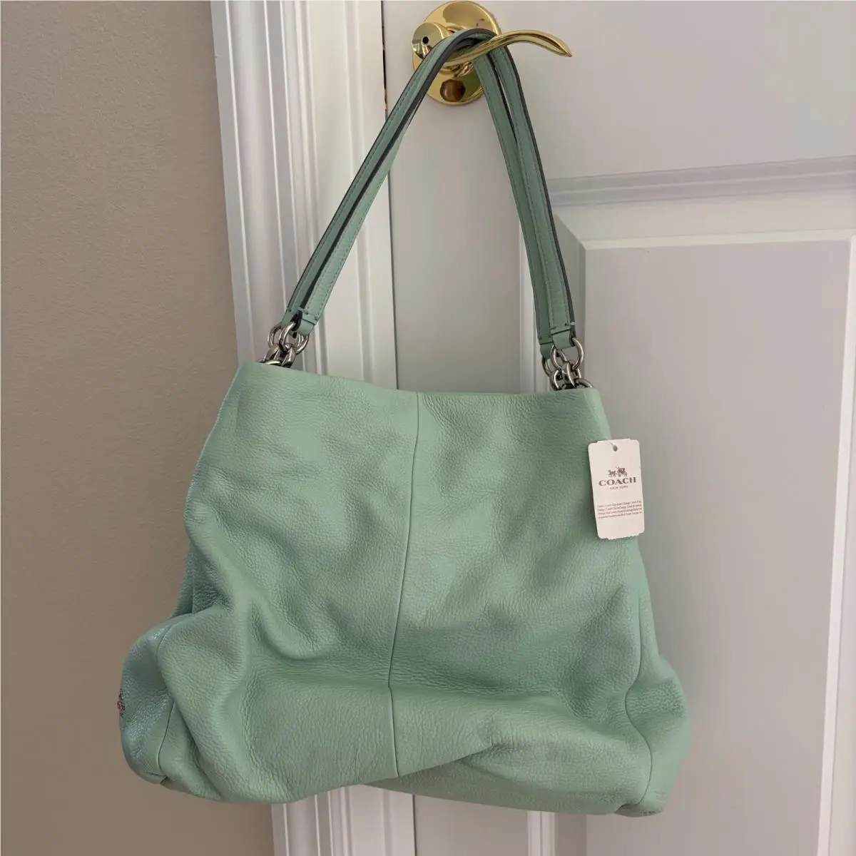 Madison Phoebe Pebbled Leather Shoulder Bag Mint Green Silver by Coach