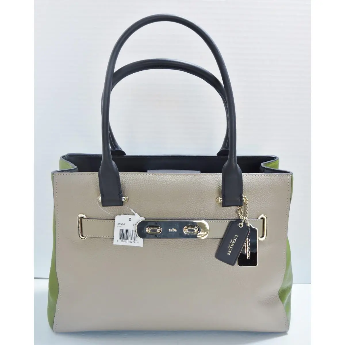 36514 Swagger Taupe Olive Navy Pebbled Leather Satchel Hand Bag by Coach