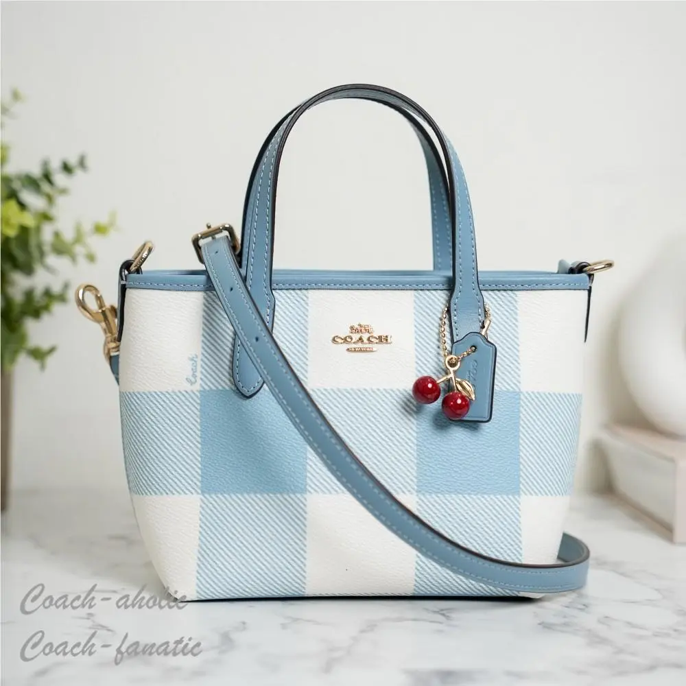 CEU32 City Mini Tote Bag with Gingham Print and Charm by Coach