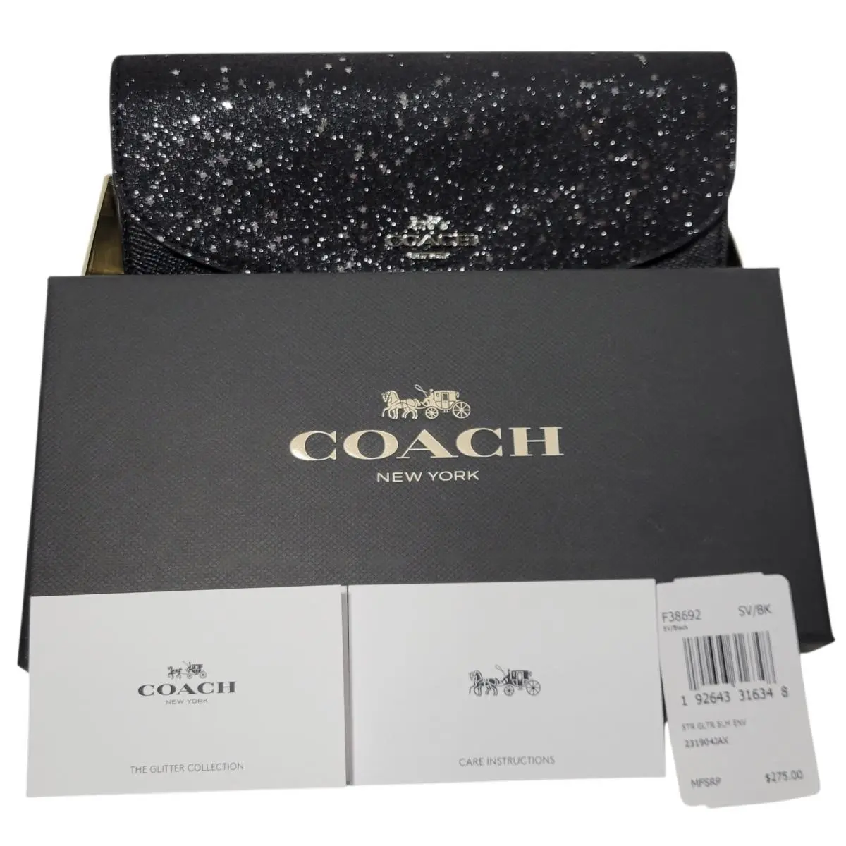 Slim Envelope Wallet Womens Black Glitter Star Crossgrain Leather Formal by Coach