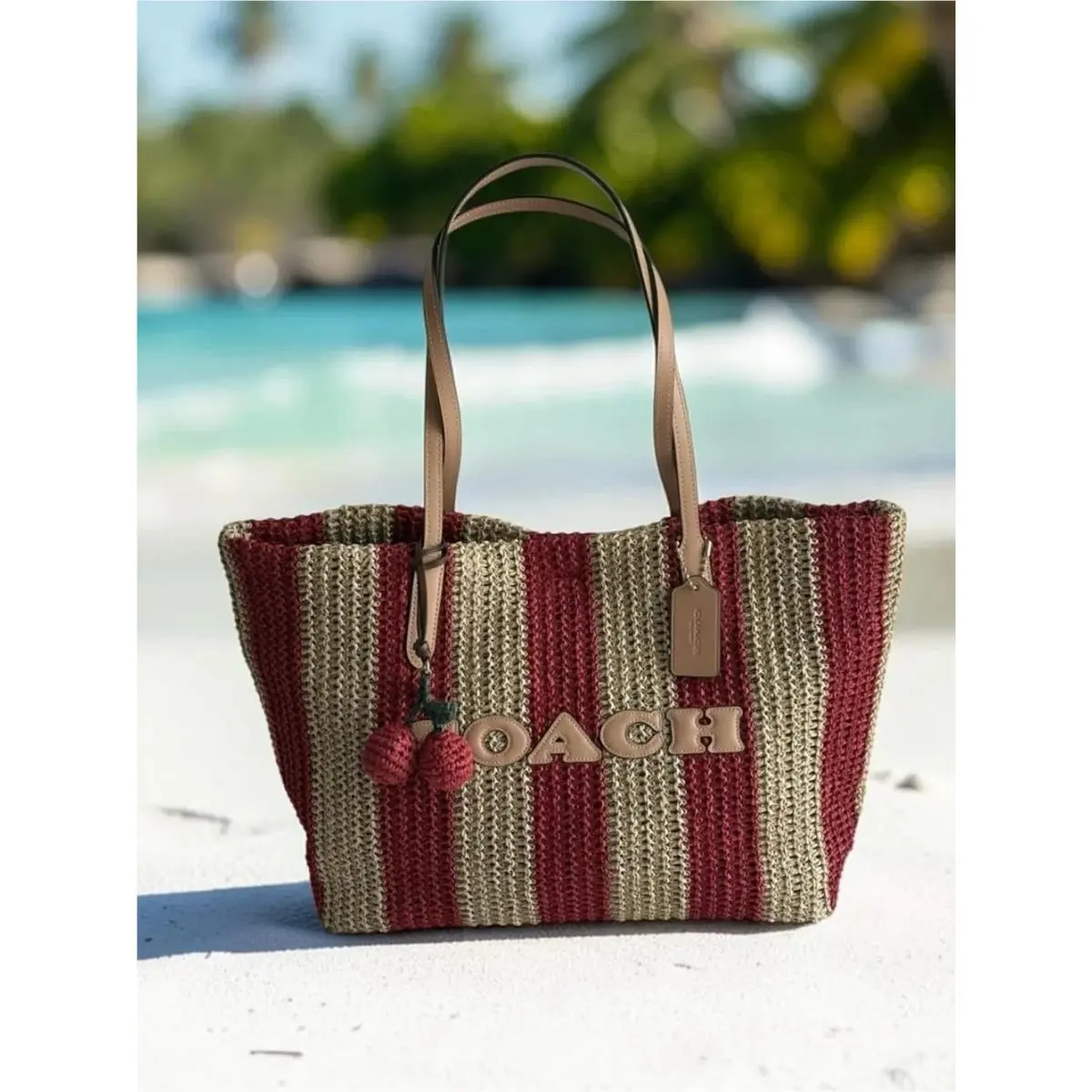Striped Straw City Tote Womens Shoulder Bag with Charm CER30 Red/tan by Coach