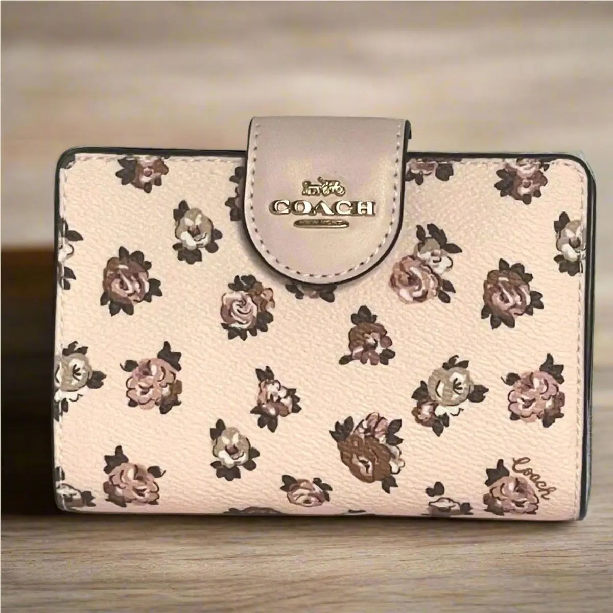 Medium Corner Zip Wallet CZ343 Pink Rosette Floral Canvas Compact by Coach