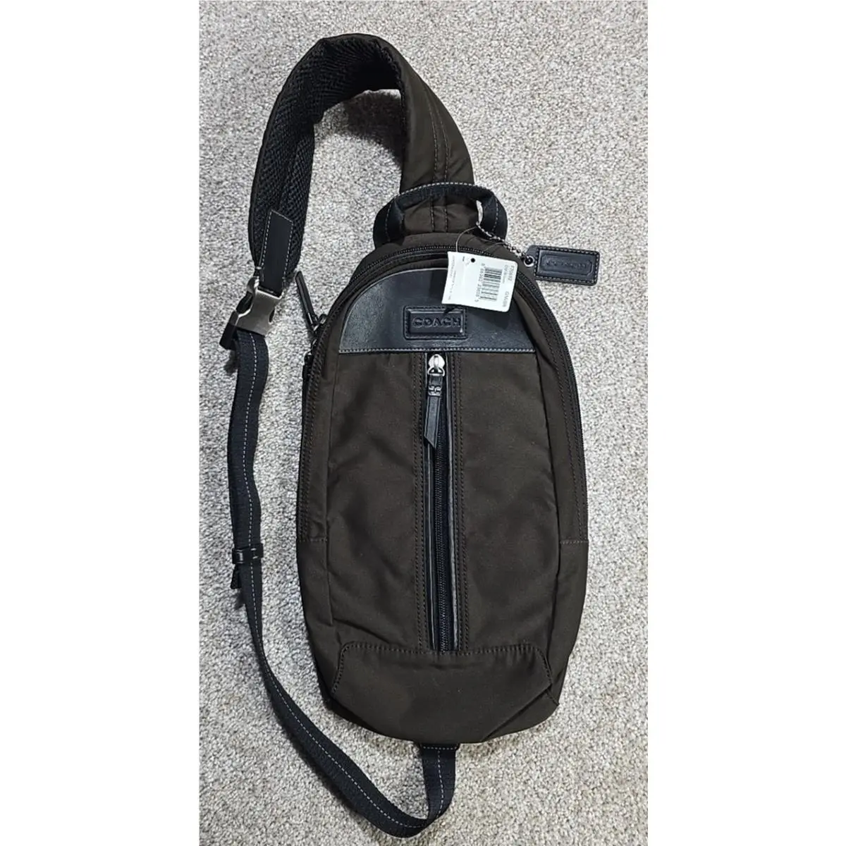 Varick Nylon Leather Trim Sling Bag Brown Pockets Adjustable F70692 by Coach
