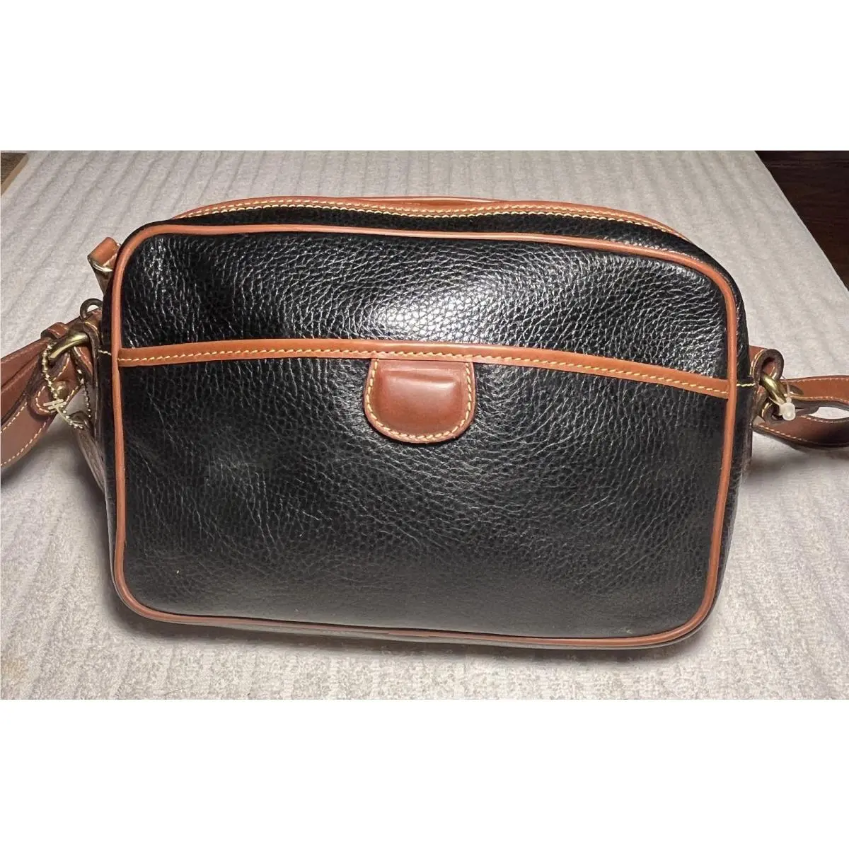 Vintage  Sheridan Charleston Crossbody Black Pebbled Leather Brown Trim by Coach