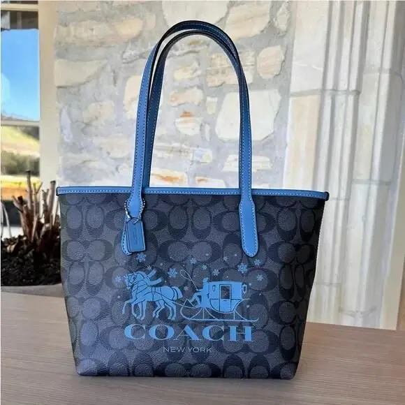 Horse and Sleigh Signature Mini City Tote Shoulder Bag Graphite Mist by Coach