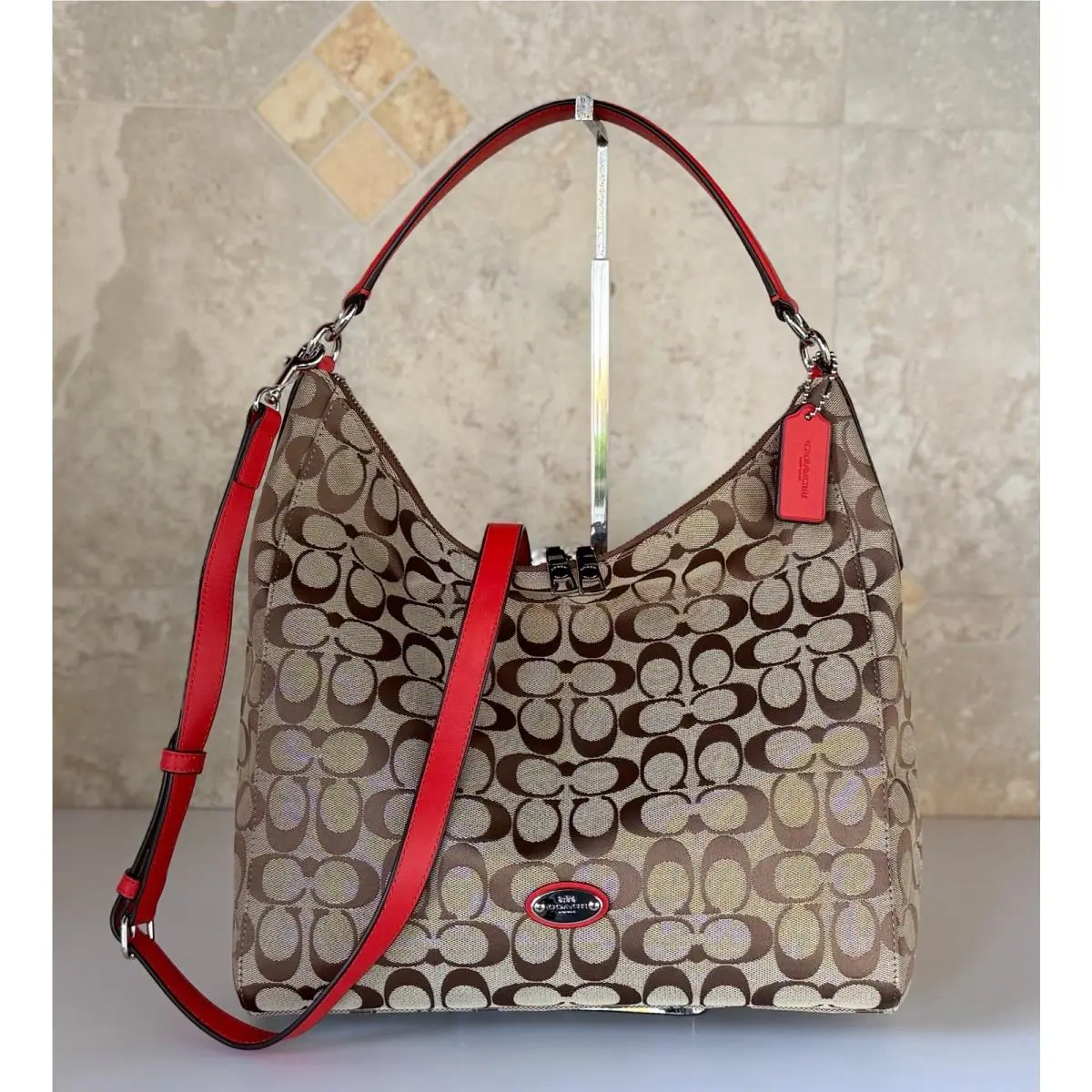Large Signature CC Hobo Convertible Shoulder Bag Khaki/cardinal by Coach