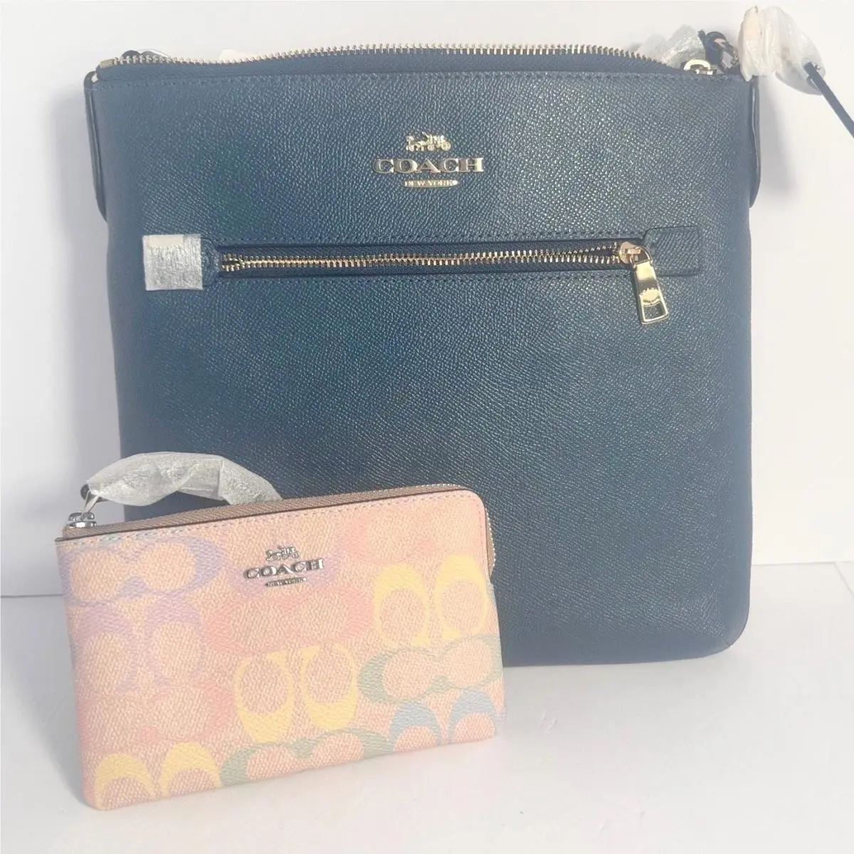 Mini Rowan Top Zip Blue Crossbody  Rainbow Mono Wristlet by Coach