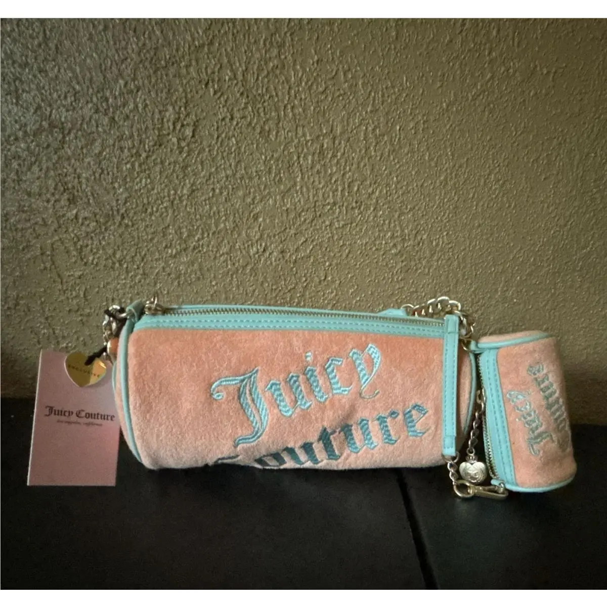 Peach and Blue Velour Barrel Shoulder Bag Set with Pouch by Juicy Couture