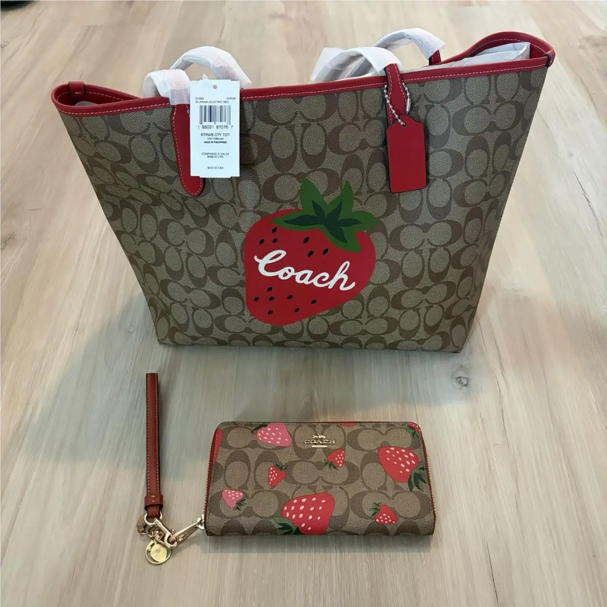 City Tote Bag and Wallet In Signature Canvas with Wild Strawberry by Coach