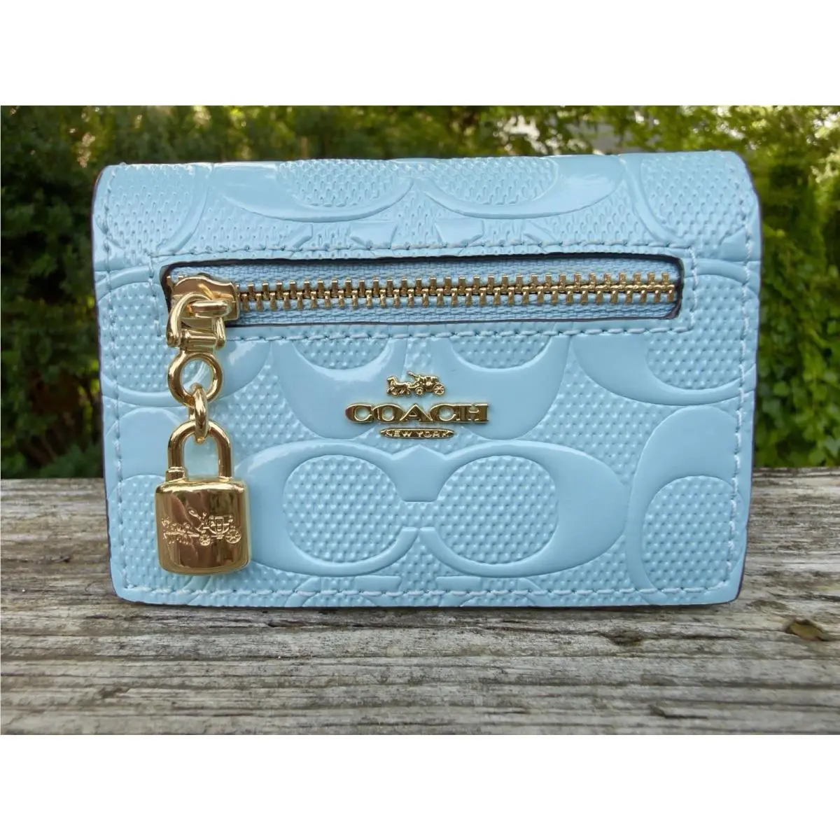 Women’s Light Blue Card Wallet Zip Pocket Padlock Charm Signature Logo by Coach