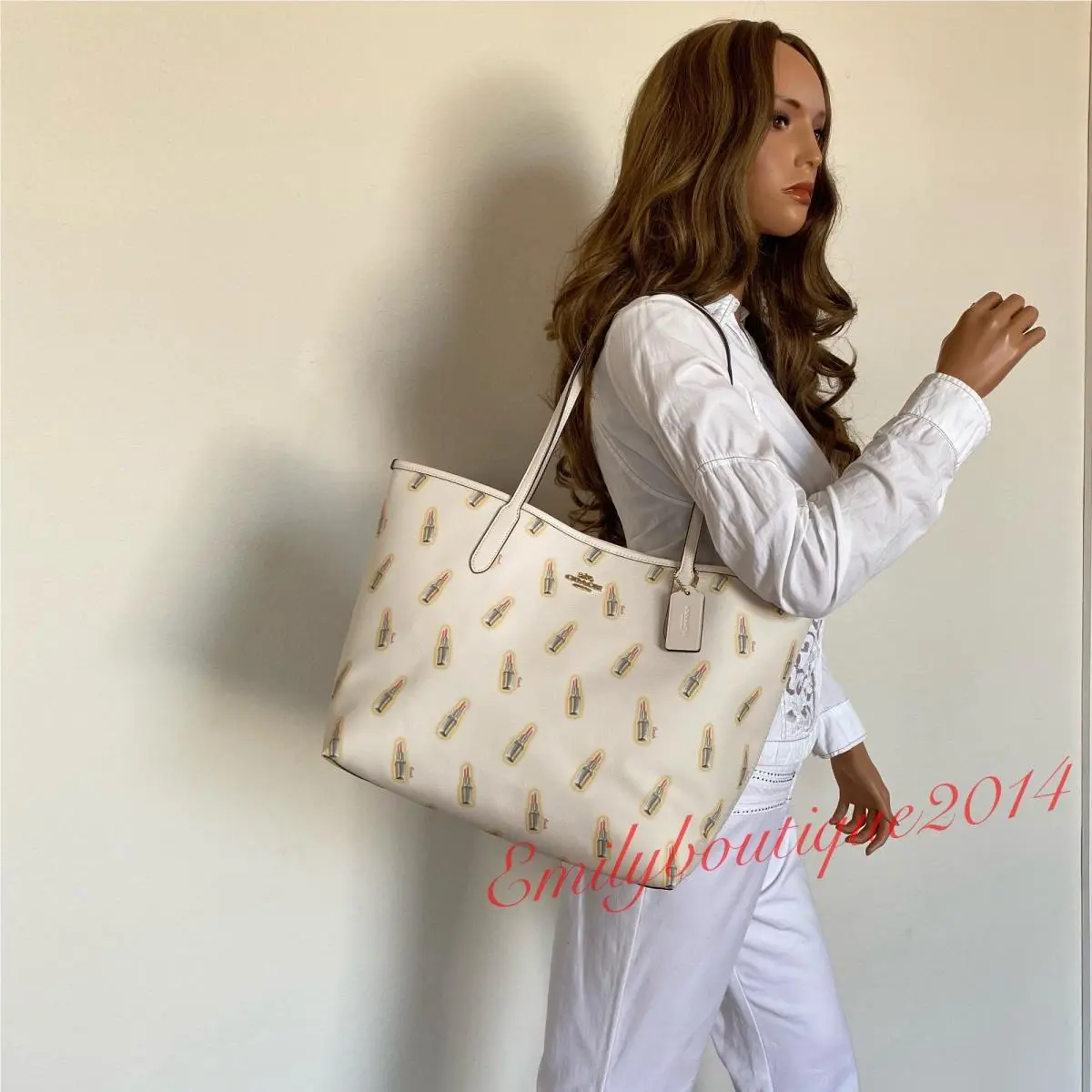 Coach C3246 Lipstick City Tote Shoulder Bag Canvas Leather Chalk Saddle