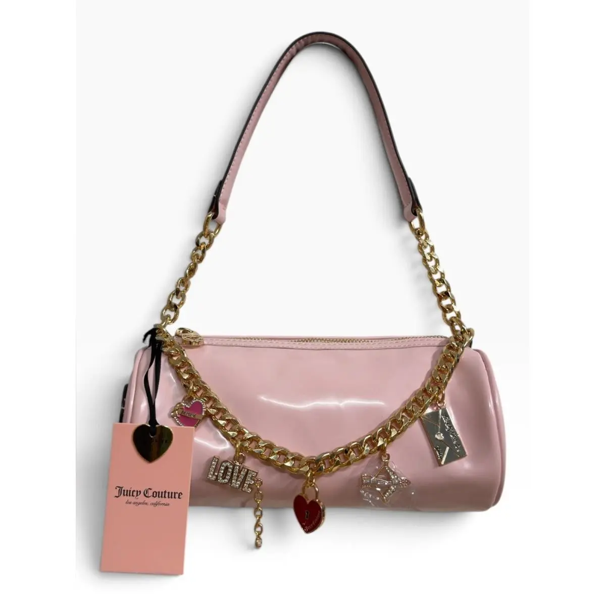 Love Comes Softly Patent Pink Barrel Shoulder Bag Chain Charms by Juicy Couture