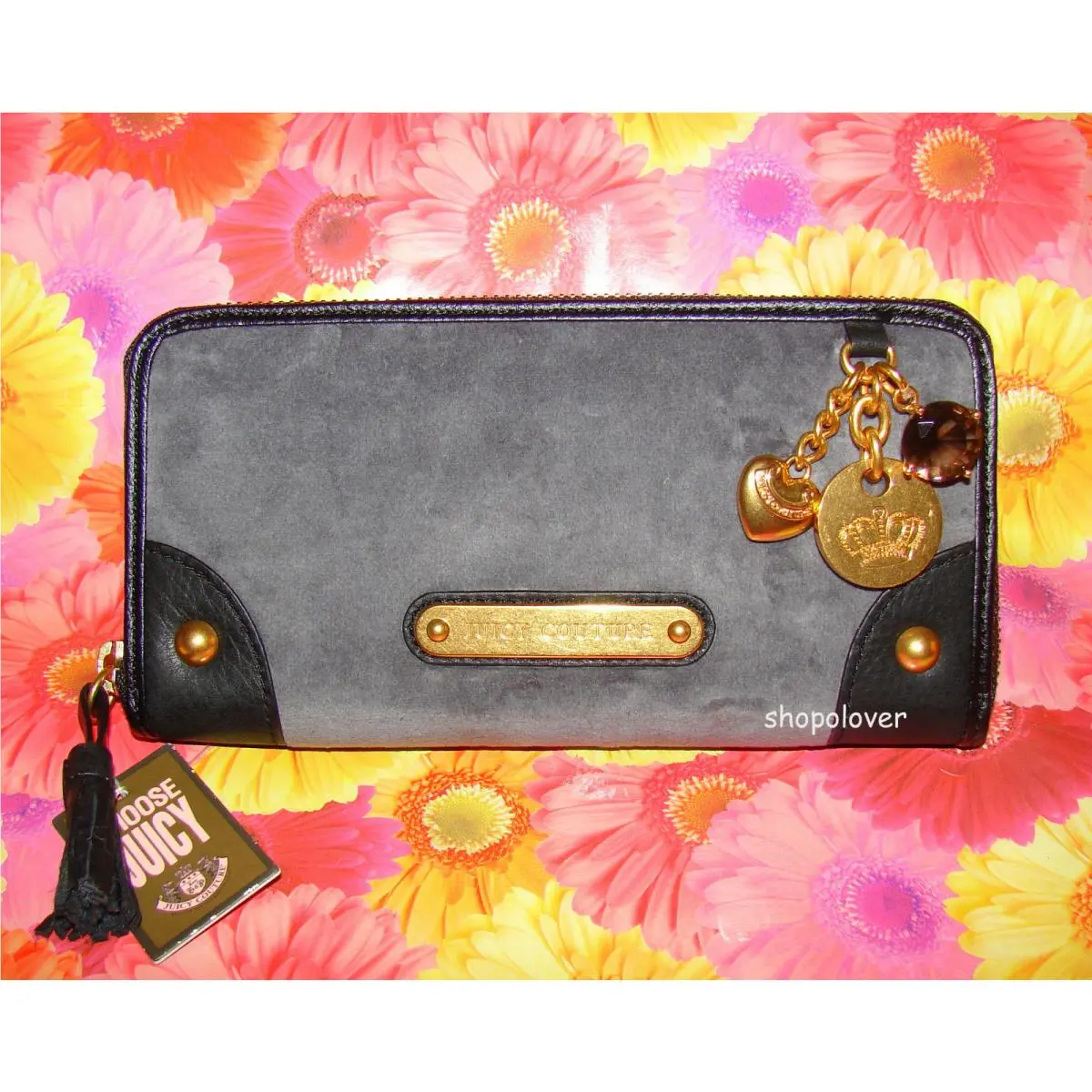 Gold Charms Velour Wallet Gray Rare Item by Juicy Couture
