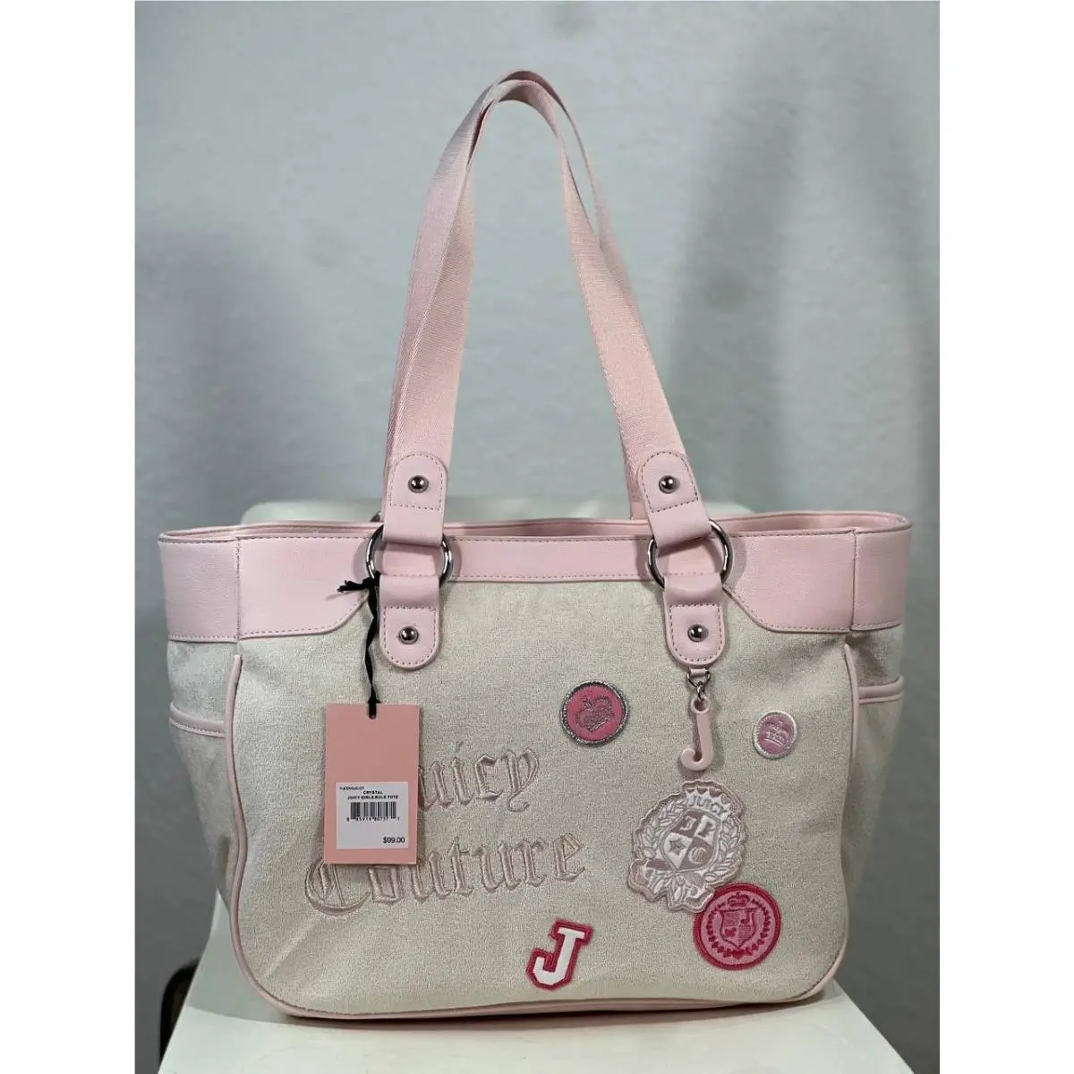 Girls Rule Large Tote Bag Pink Vanilla Terry Cloth Women`s by Juicy Couture