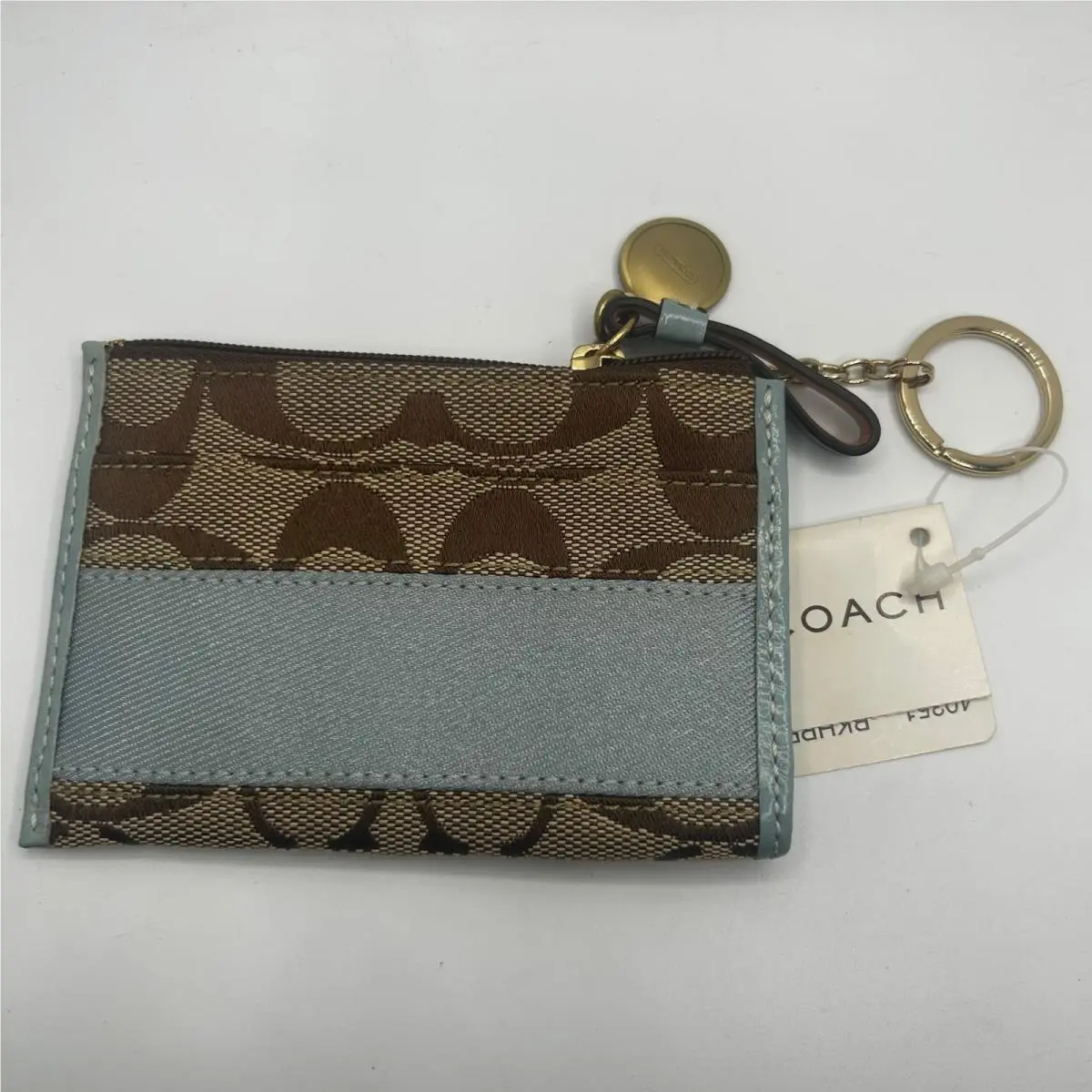Signature Stripe Mini Skinny Khaki Pale Blue Monogram ID Case 40351 by Coach