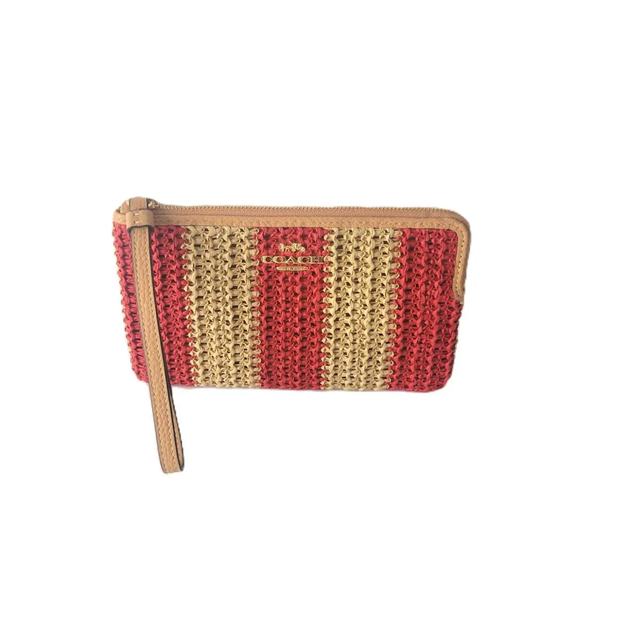 CEY40 Large Corner Zip Stripe Straw Leather Clutch Wristlet Red Tan by Coach