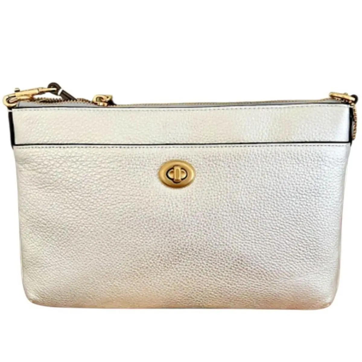Polly Crossbody Clutch Handbag Purse Metallic Silver Pebbled Leather by Coach