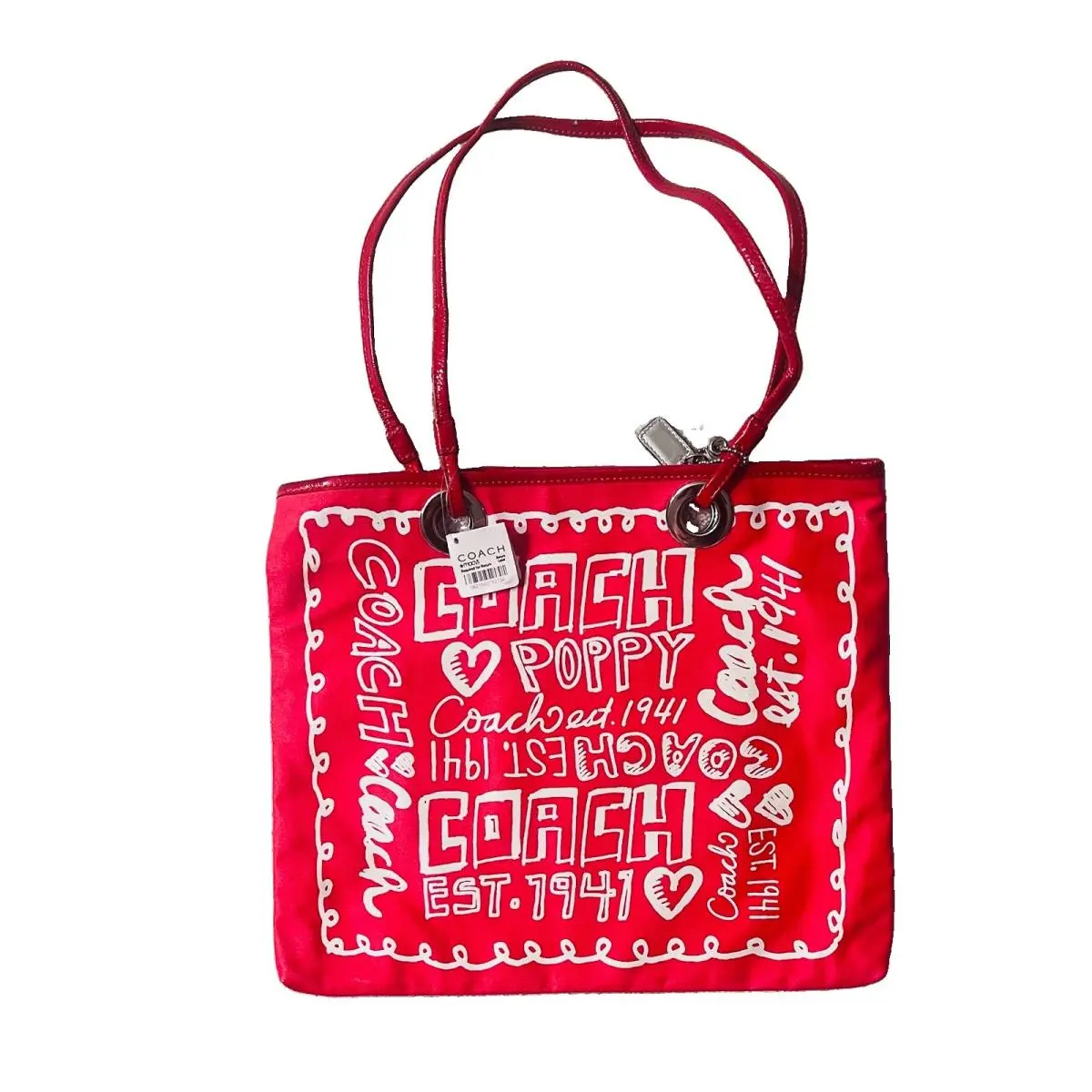 Vintage Coach Evie Poppy Graffiti 13857 Red Doodle Slim Tote Shopper Bag - Handle/Strap: Black, Hardware: Silver, Exterior: Red