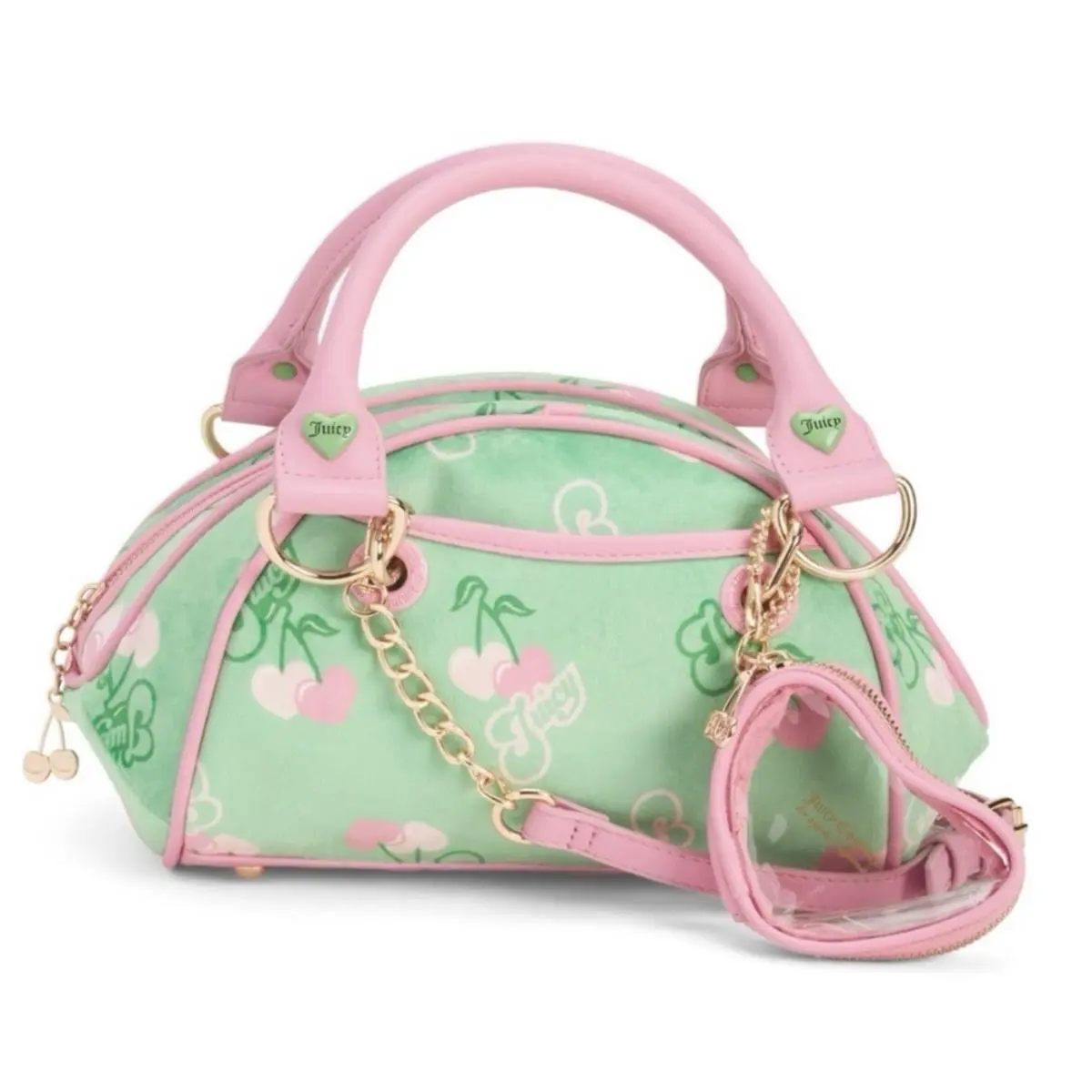 Juicy Couture Medium Size Retro Style Cherry Logo Crossbody - Handle/Strap: Pink, Lining: STANDARD JUICY LINING, Exterior: PINK / GREEN