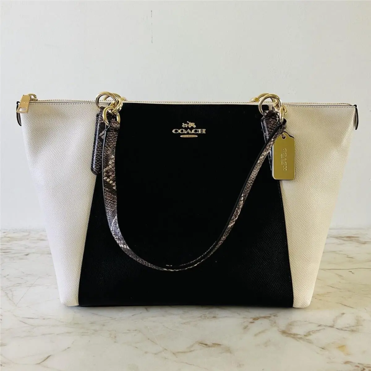 Ava Black White Exotic Trim Leather Colorblock Tote Bag by Coach