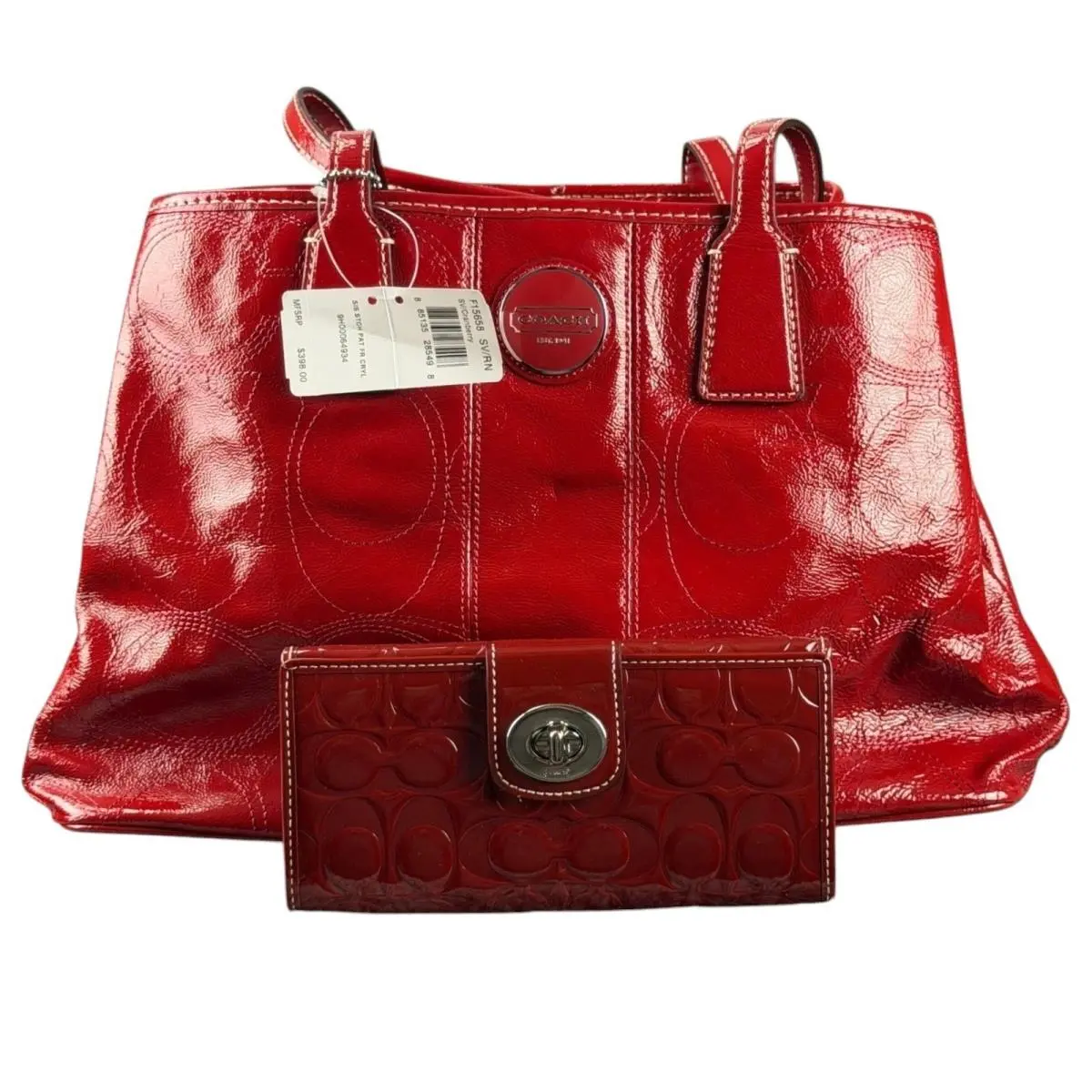 F15658 Y2K Cranberry Red Patent Leather Tote Bag + Matching Wallet Set by Coach