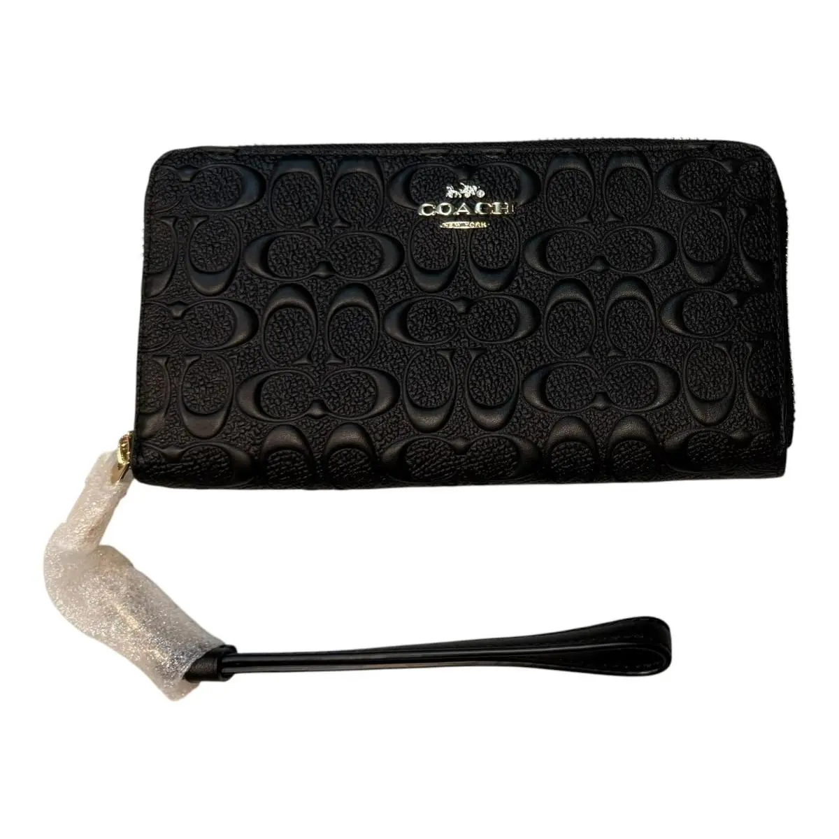 Black Leather Embossed  Zip-around Wallet w Gold Accents Strap by Coach