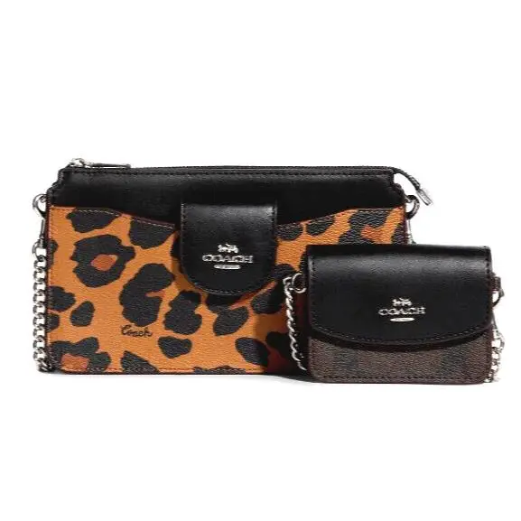 CC868 Poppy Crossbody with Card Case with Leopard Print and Signature by Coach