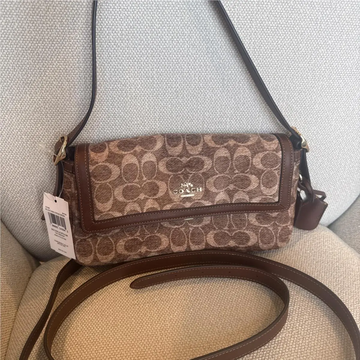 Etta Flap Signature Chenille Light Khaki Vintage Brown by Coach