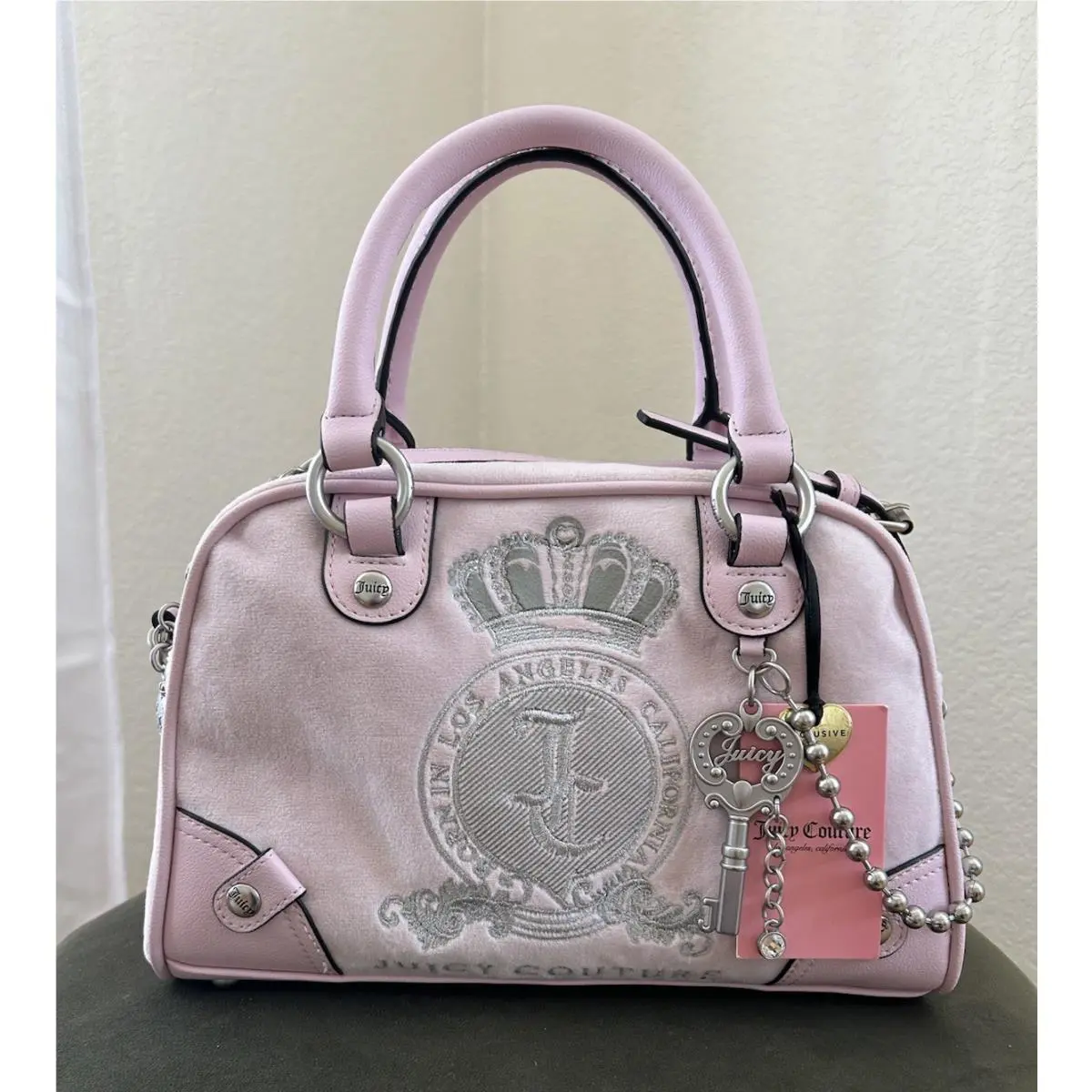 Pink Silver Crest Lover Bowler Bag w Key by Juicy Couture