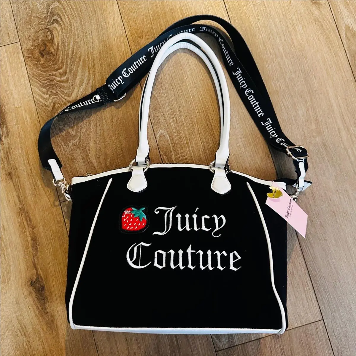 Sweet N Juicy Apple Tote Black Velour Strawberry Bag 11JCD4RMX-LR by Juicy Couture
