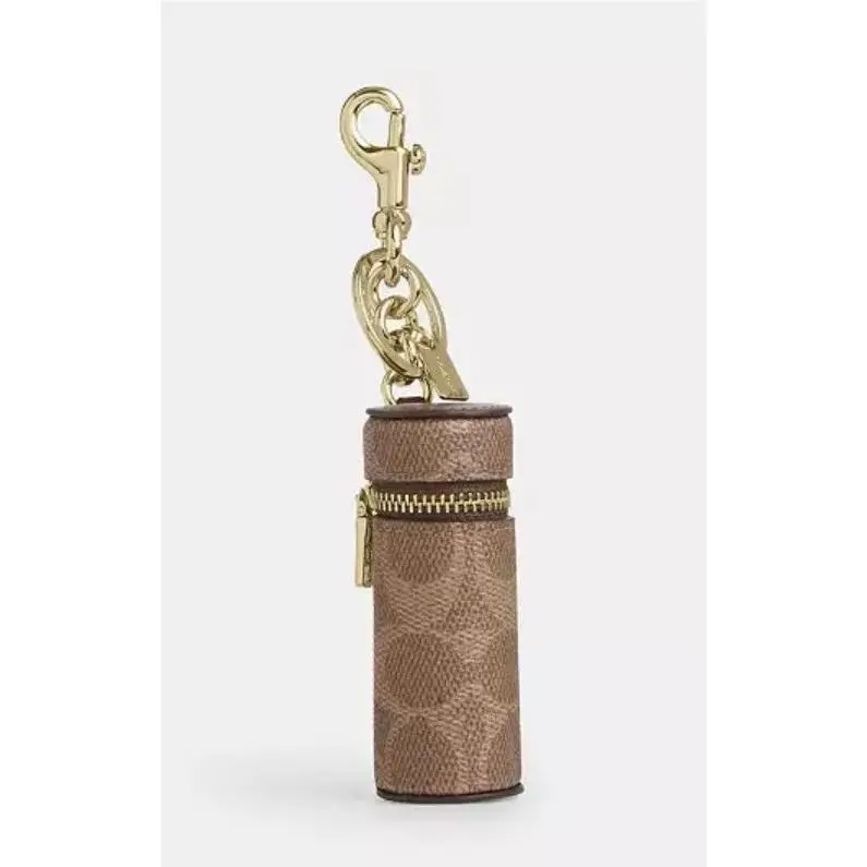 Zipper Top Lipstick Case Tan Brown Signature Coated Canvas Bag Charm by Coach