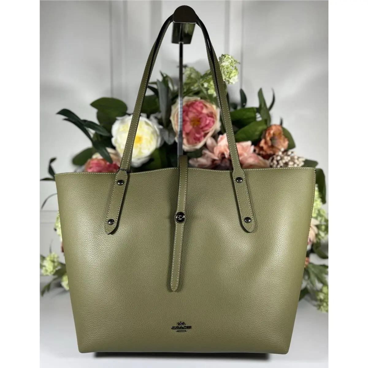 Large Pebble Leather Market Tote/shoulder Bag - Olive Green by Coach