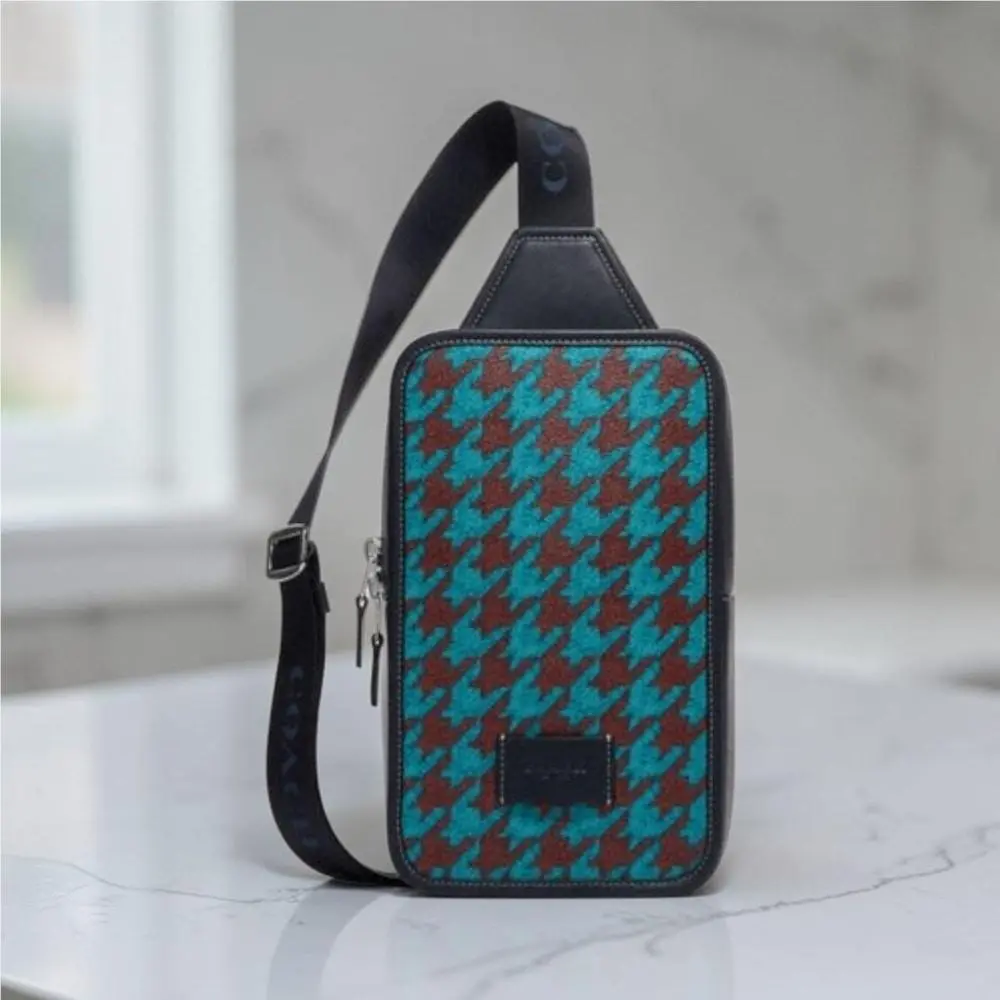 Sullivan Pack Houndstooth Teal Wine CJ588 Leather Crossbody Bag by Coach