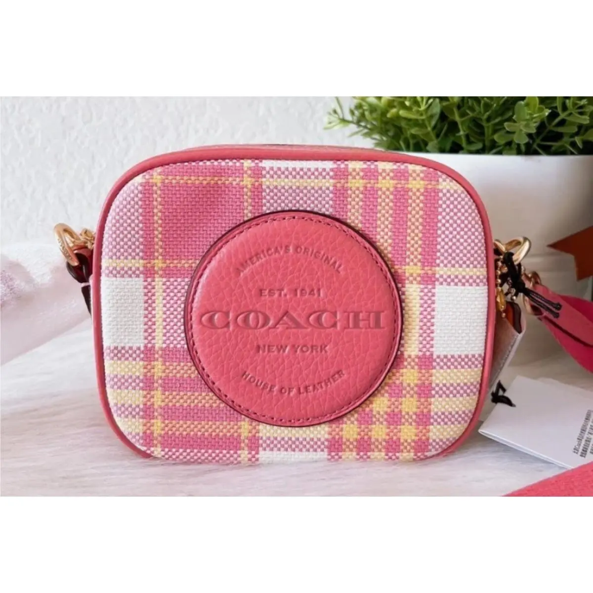 Mini Dempsey Camera Bag Pink Taffy Garden Plaid Print  Patch by Coach