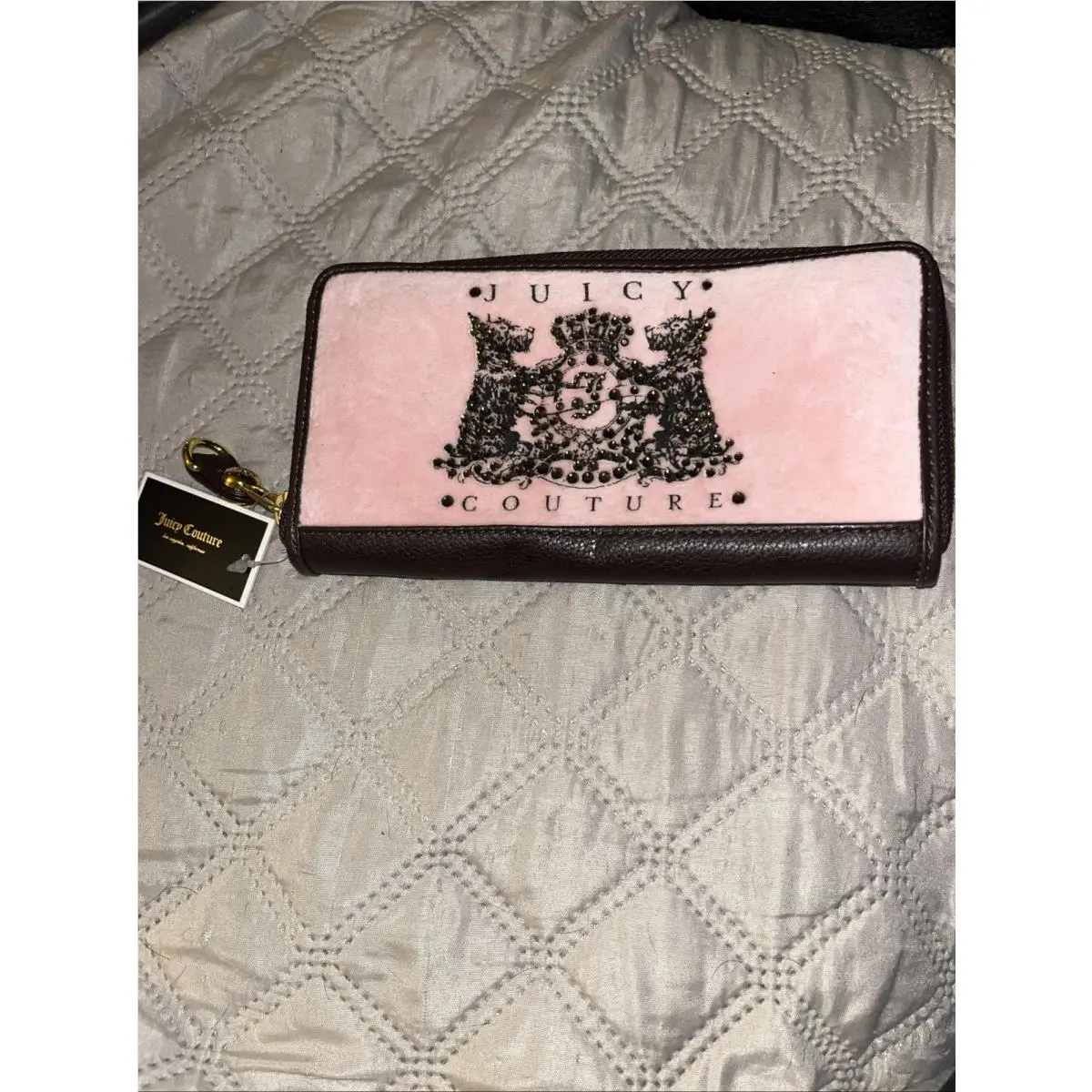 Vtg Y2K  Pink Velour Zip Clutch Long Wallet Scottie Dog Crest by Juicy Couture