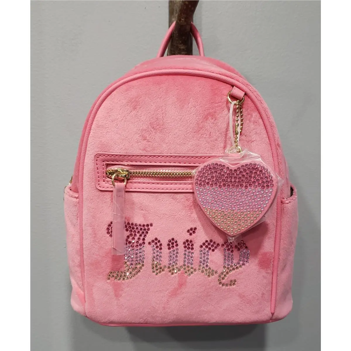 LA Pink Lemonade Velour Backpack Rhinestone Heart Charms by Juicy Couture