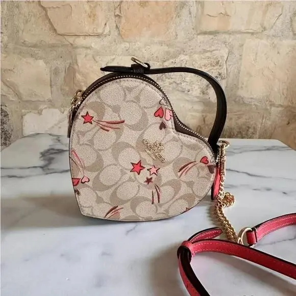 Signature Heart and Star Print Crossbody Bag Canvas Light Khaki Multi by Coach